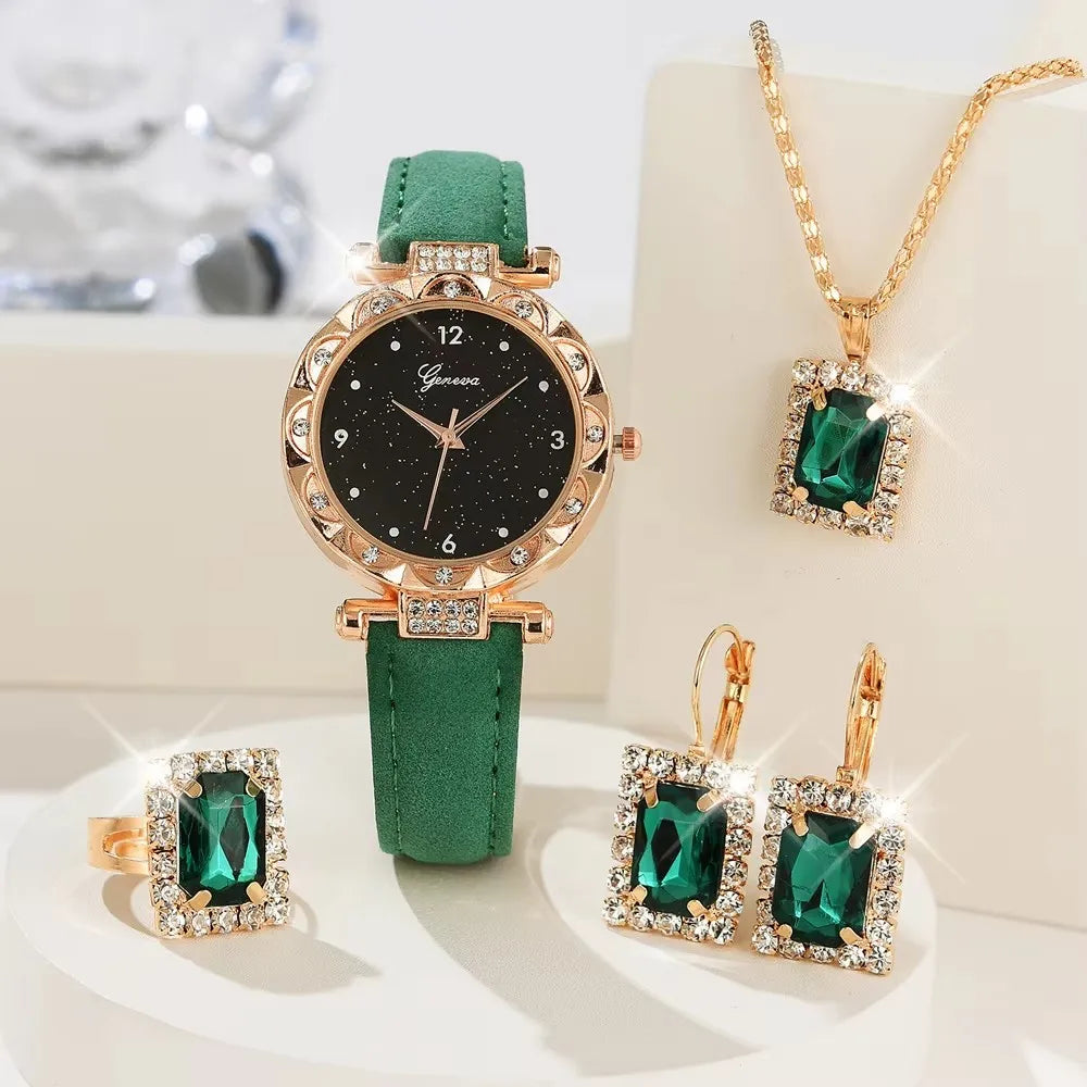 Ensemble complet glamour : montre, collier, boucles d'oreilles, bague + bracelets