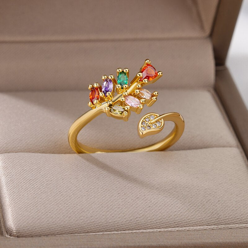 Bague réglable en plaqué or 18 Carats avec fleur de zircon multicolore