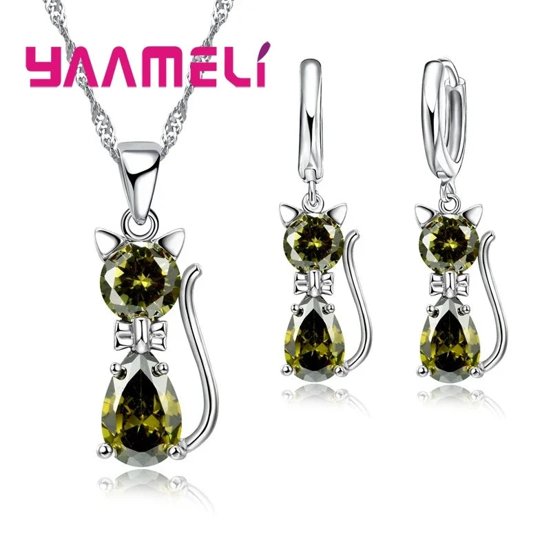 Collier et boucles d'oreilles chat avec zircon