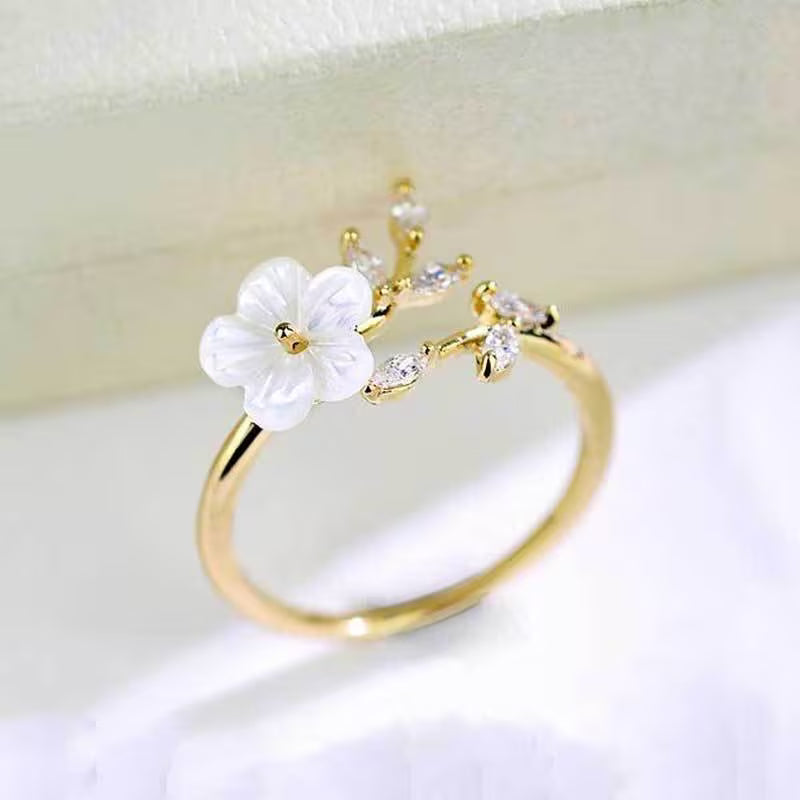 Bague ajustable vintage avec fleur et feuilles