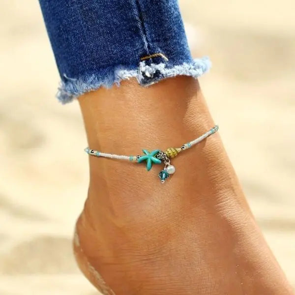 Bracelet cheville étoile et coquillage avec pierres naturelles