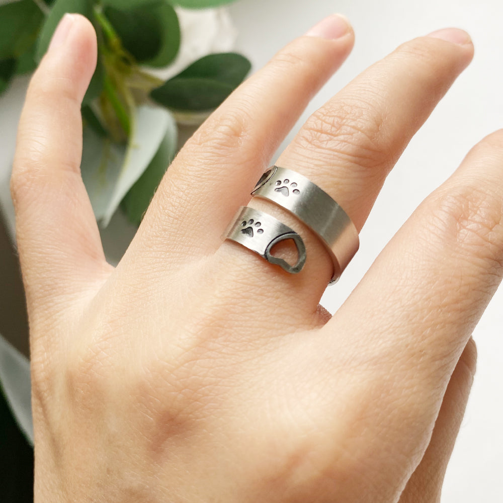 Bague Torsadée Patte et Cœur Réglable – Acier Inoxydable
