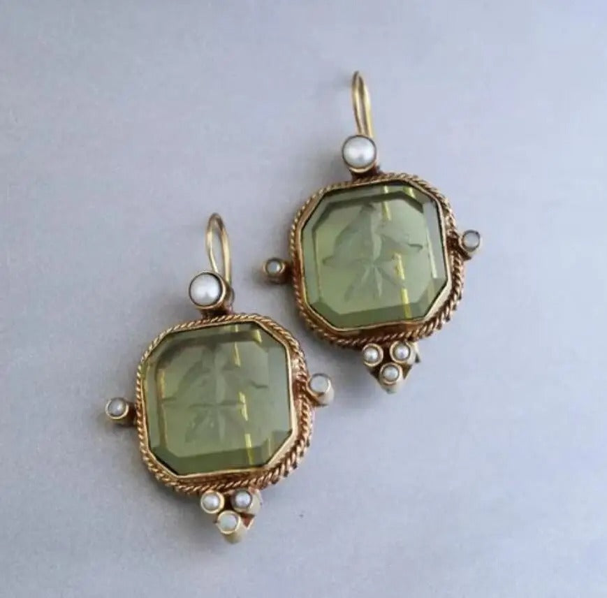 Boucles d'oreilles carrées vertes vintage avec perles et argent vintage 925