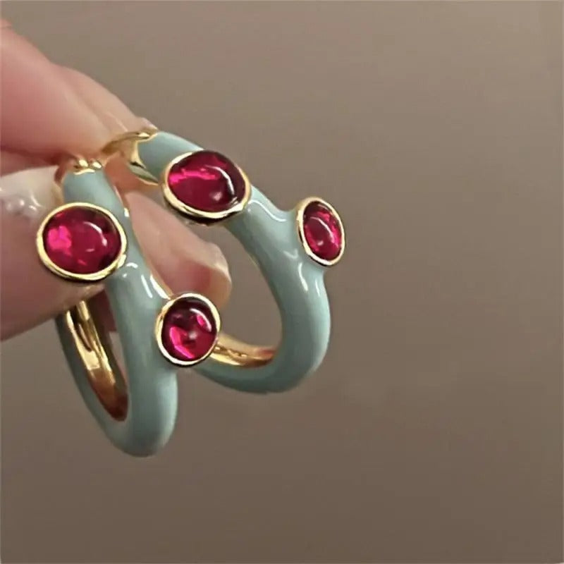 Boucles d'oreilles en émail et plaquées en or 18K avec pierres précieuses incrustées