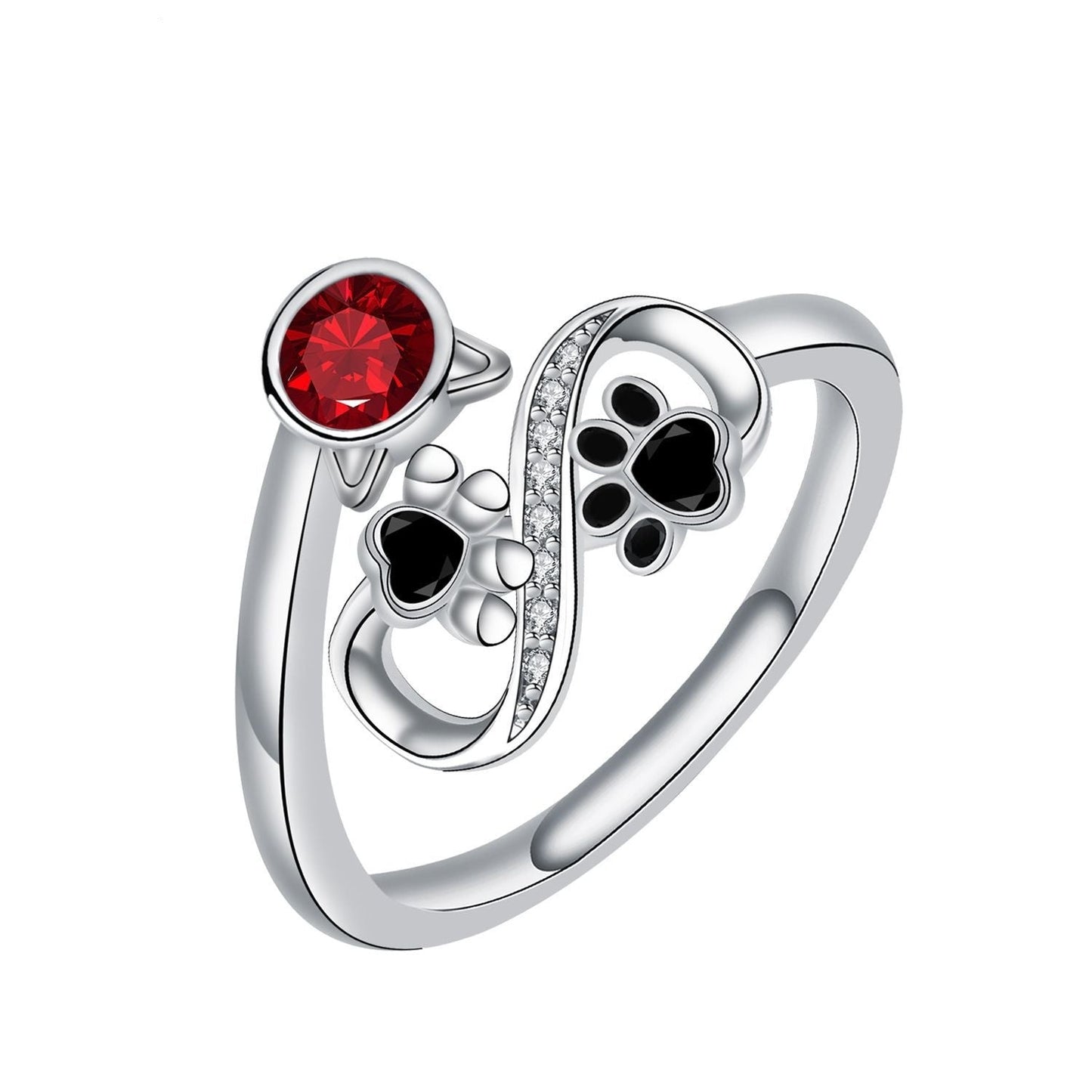 Bague Noire Empreinte Patte Réglable Avec Pierre Rouge