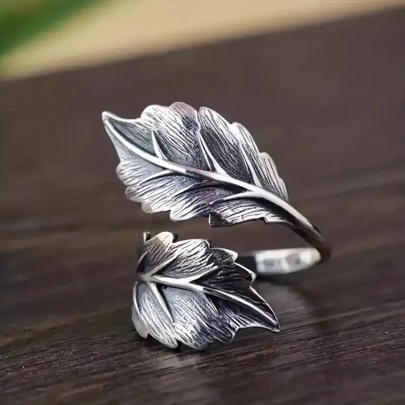 Bague ajustable en forme de feuille en argent vintage 925