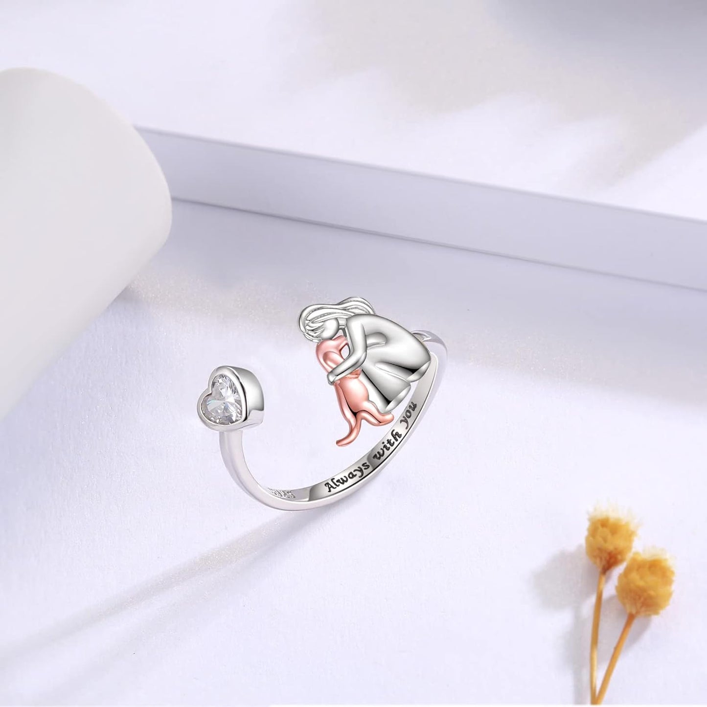 Bague Chien Réglable en Argent Sterling 925 – « Toujours dans mon Cœur » avec Zircone