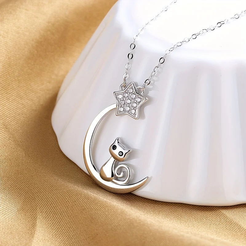 Collier Argent Sterling Chat Lune Étoile