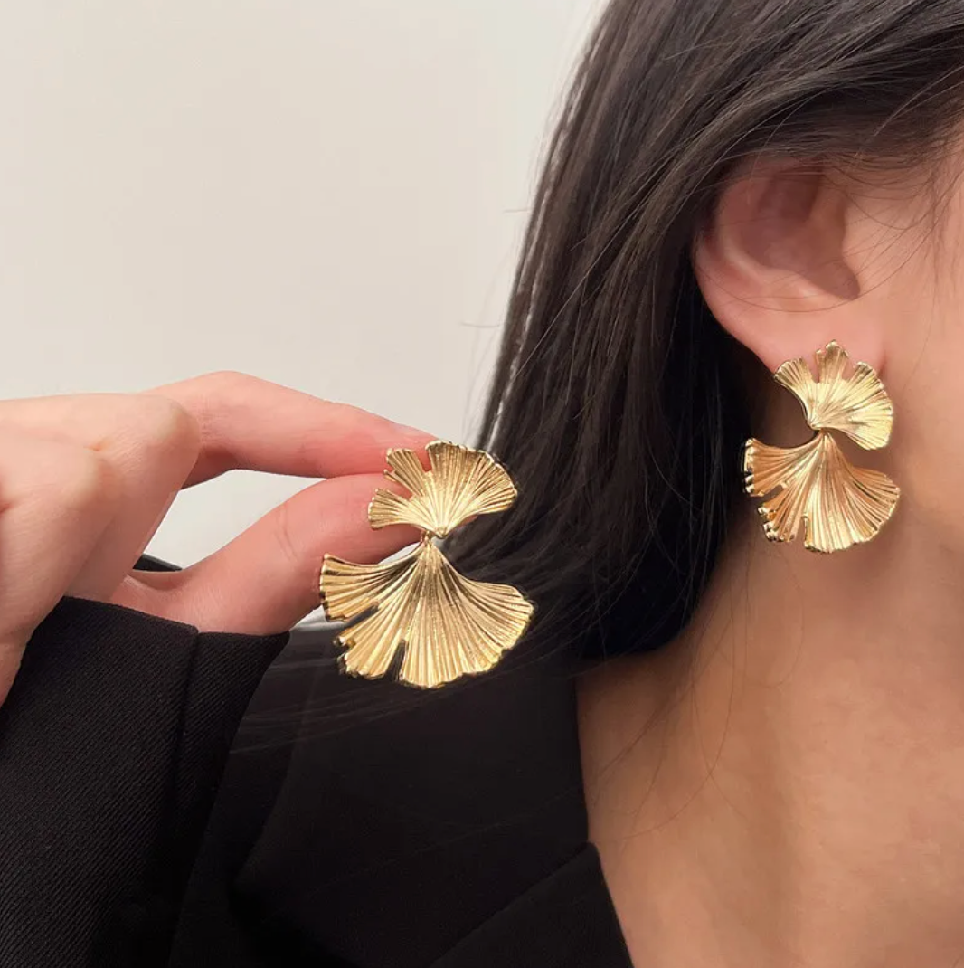 Boucles d'oreilles Gingko biloba plaqué or 18 carats