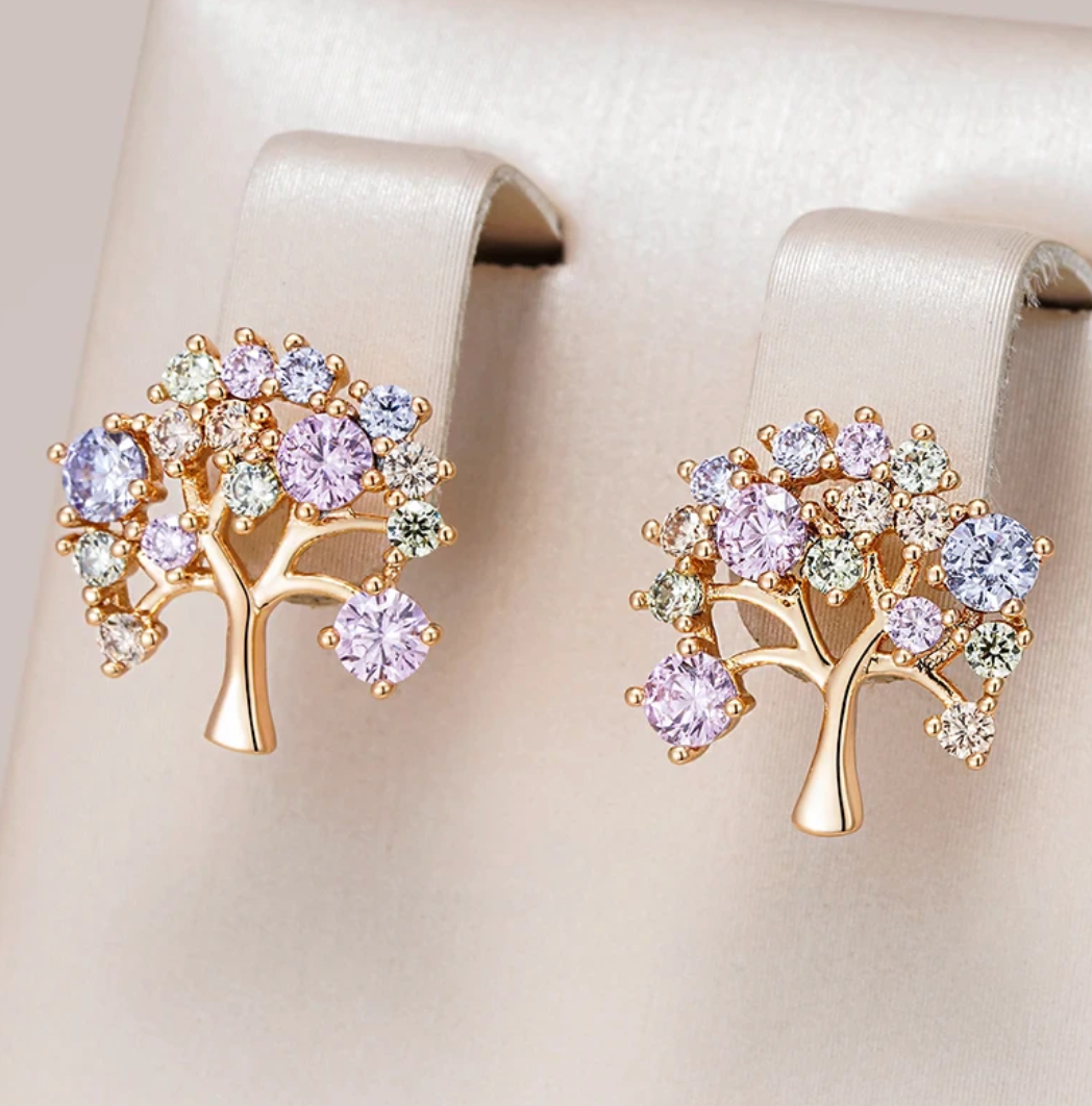Boucles d'oreilles boutons multicolores Arbre de vie en plaqué or 18 carats