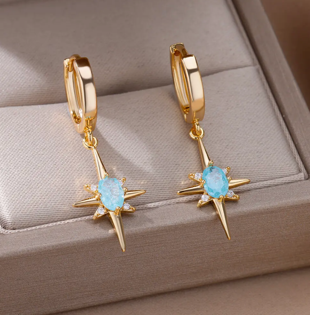 Créoles plaqué or 18 carats avec pendentifs étoile polaire turquoise