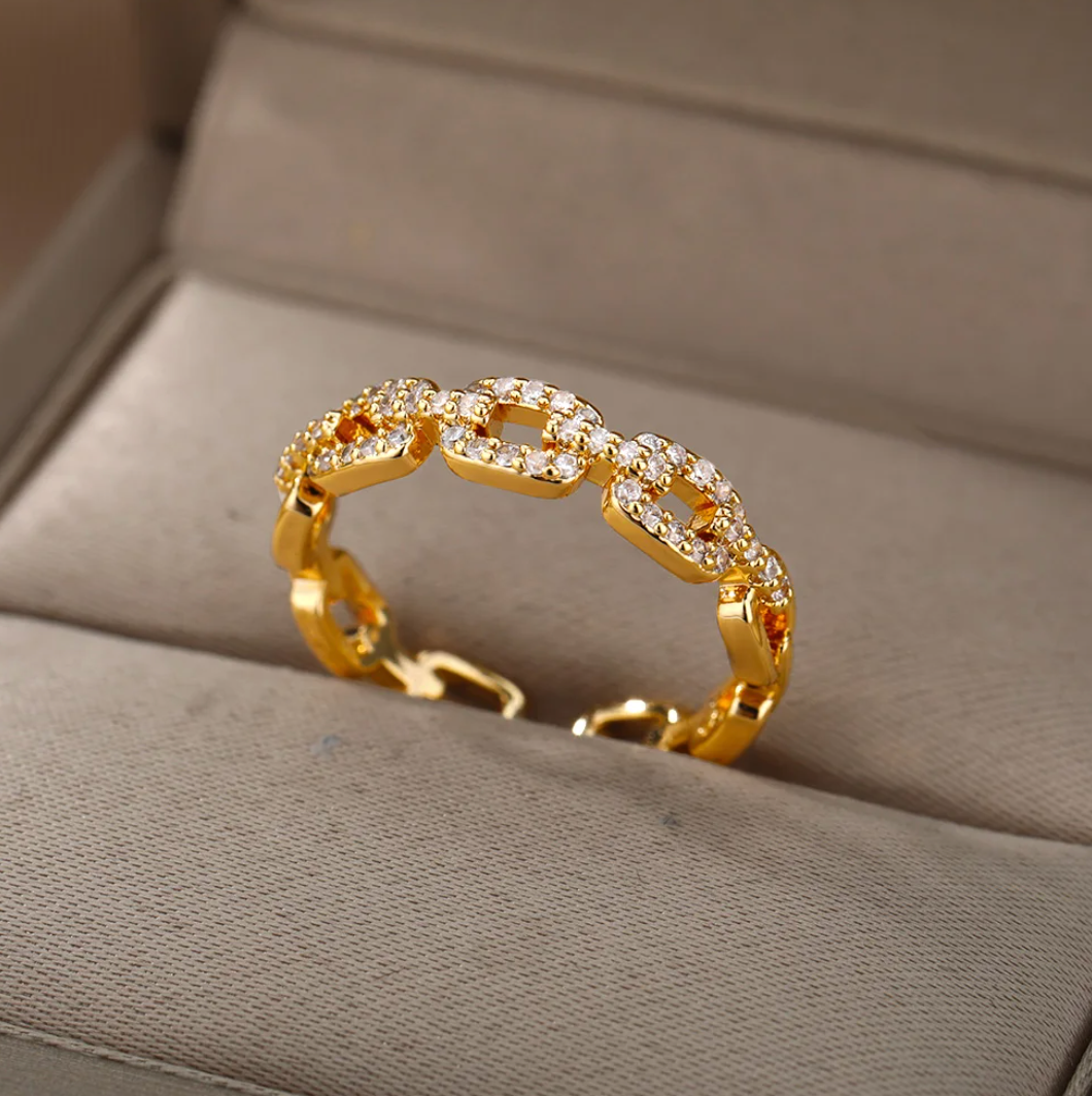Bague Plaqué Or 18 carats chaîne d'amour avec strass