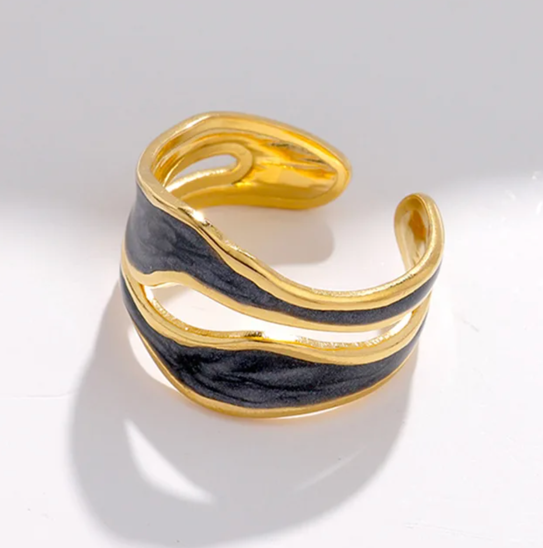 Plaqué Or 18 carats Bague céramique ancienne noire