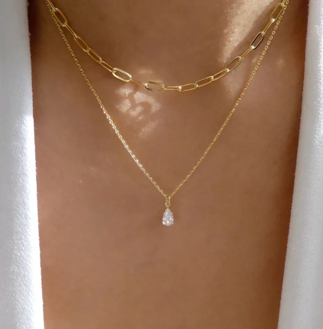 Collier double en plaqué or 18 carats avec chaîne et strass