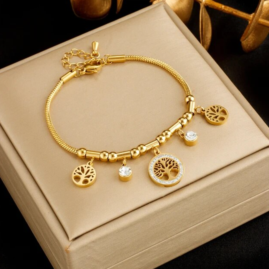 Bracelet en plaqué or 18 carats avec 3 arbres de vie et strass