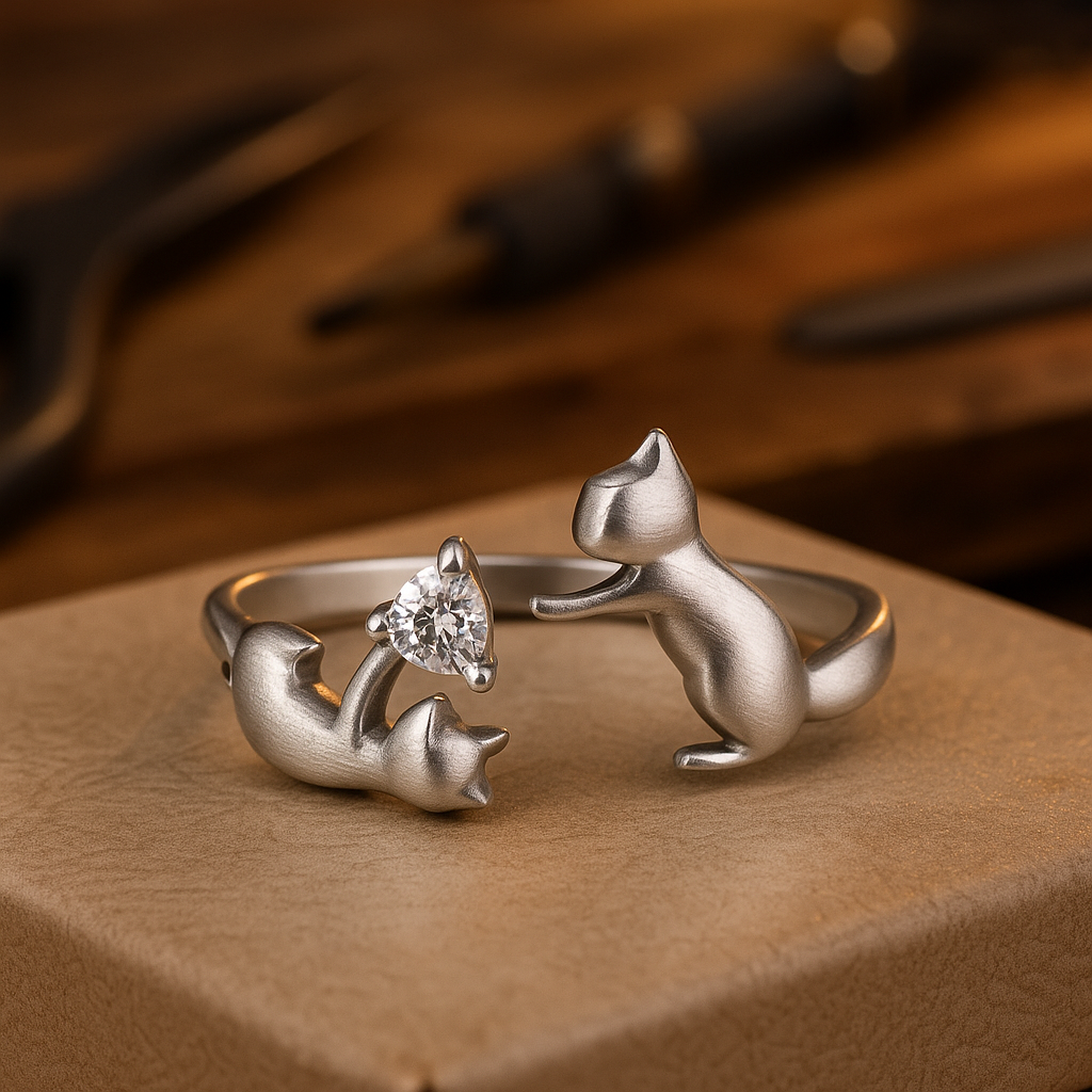 Bague Chat Argent Sterling Ludique Réglable avec Zircone