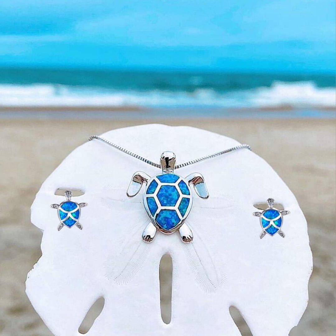 Ensemble collier + boucles d'oreilles tortue de mer en opale et argent