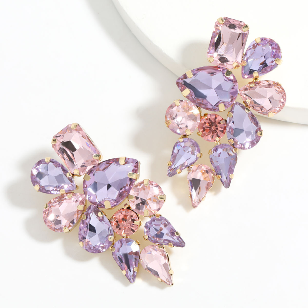 Boucles d'oreilles précieuses plaquées or 18 carats avec pierres colorées en forme de feuilles