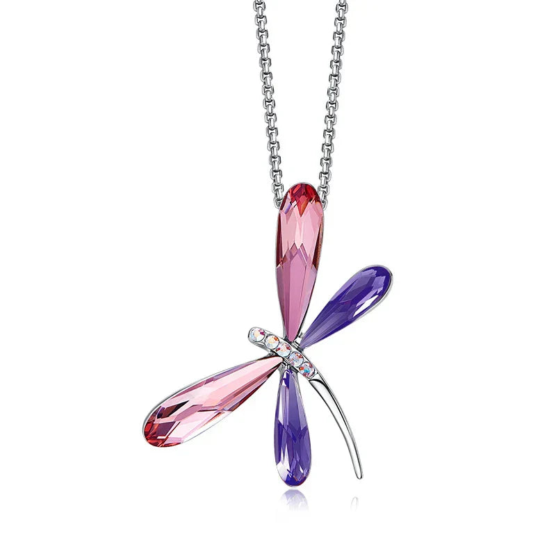 Collier Pendentif Libellule Cristal Rose
