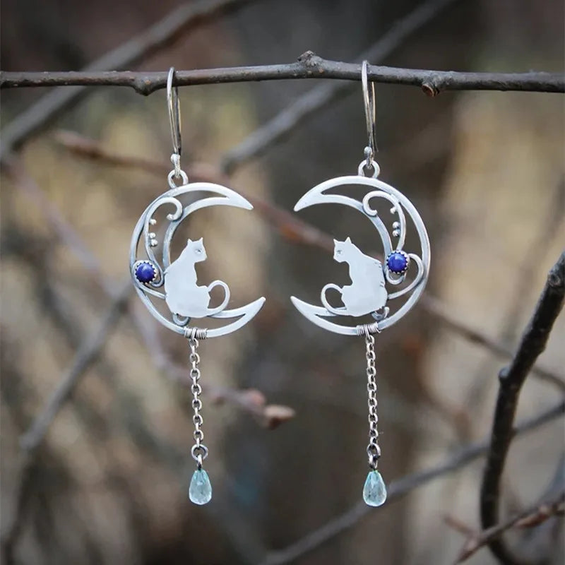 Boucles d'oreilles Chat Clair de Lune – Design Croissant Vintage avec Pierre Lapis Lazuli