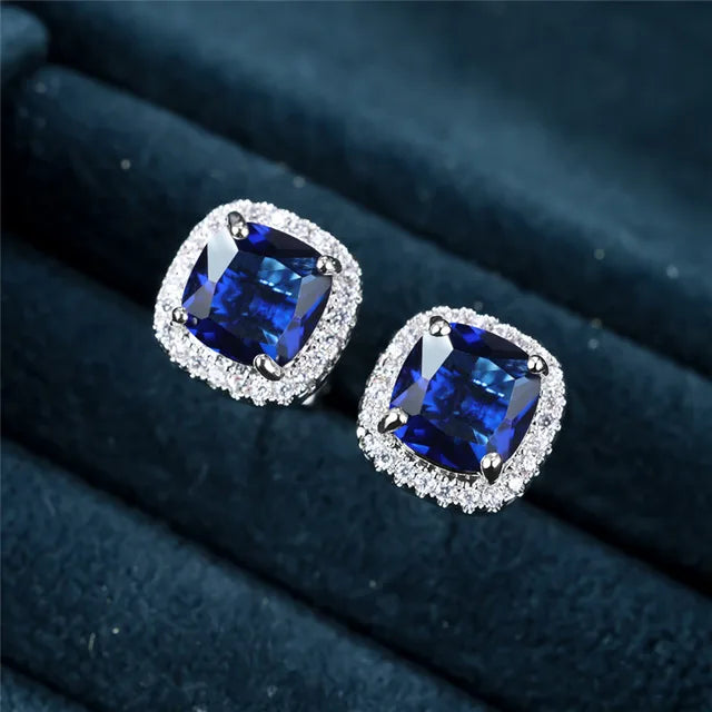 Boucles d'oreilles stud carrées saphir | Or Blanc