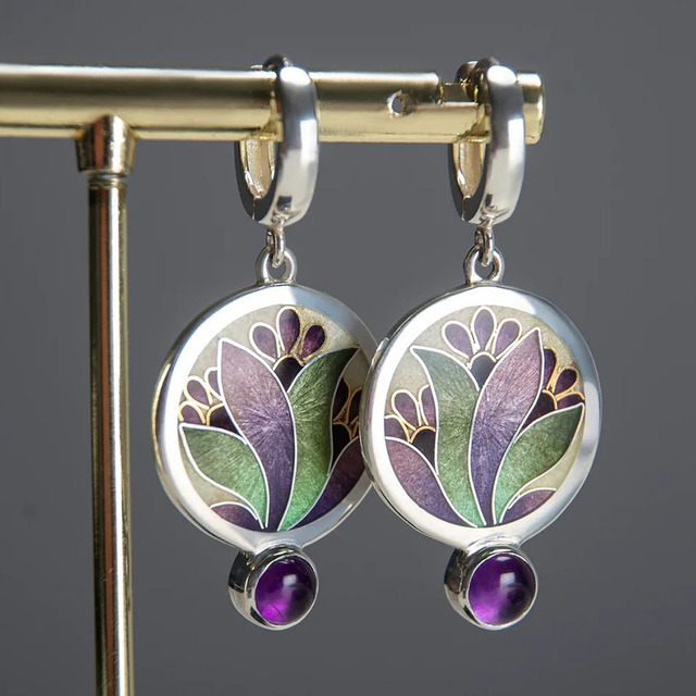 Boucles d’oreilles bohèmes en argent avec cristaux violets