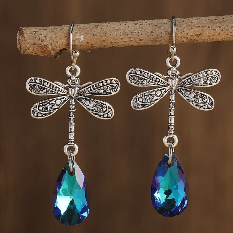 Boucles d'oreilles Tomettes Libellule Zircone Bleue Vintage