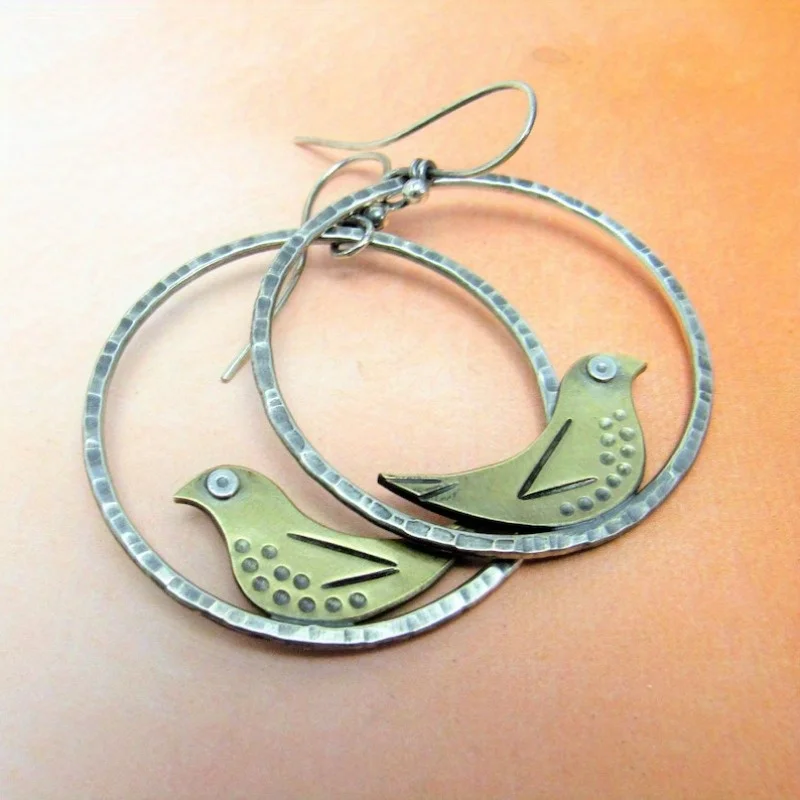 Boucles d'Oreilles Oiseau Vert Creux Vintage