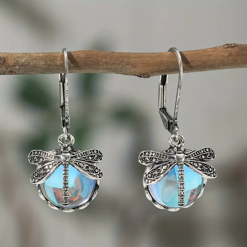Boucles d'Oreilles Libellule Cristal Argent Bleu