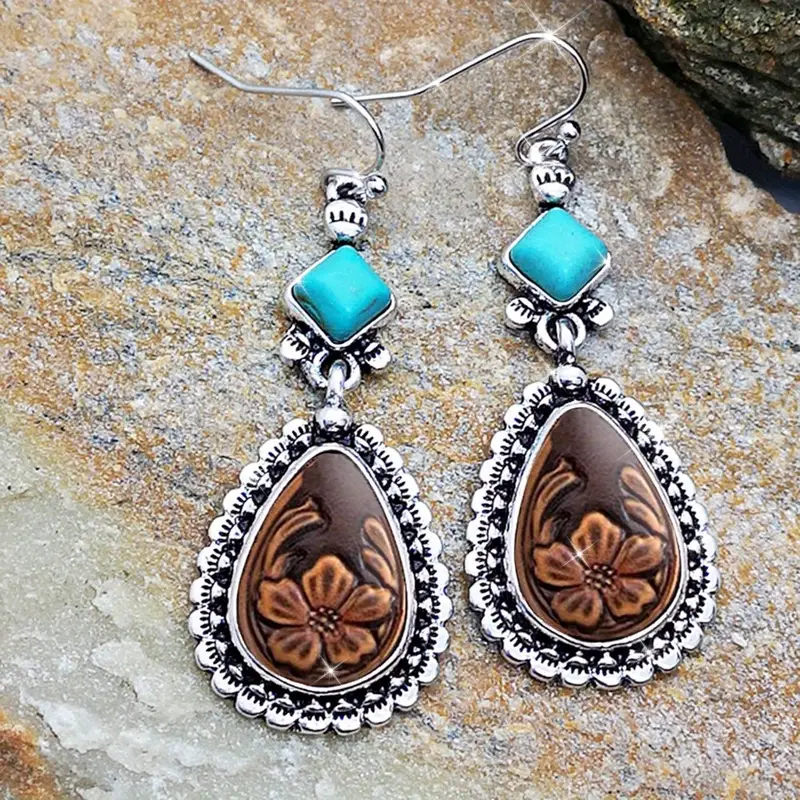 Boucles d'Oreilles Fleur Goutte Pierre Bleue Argent