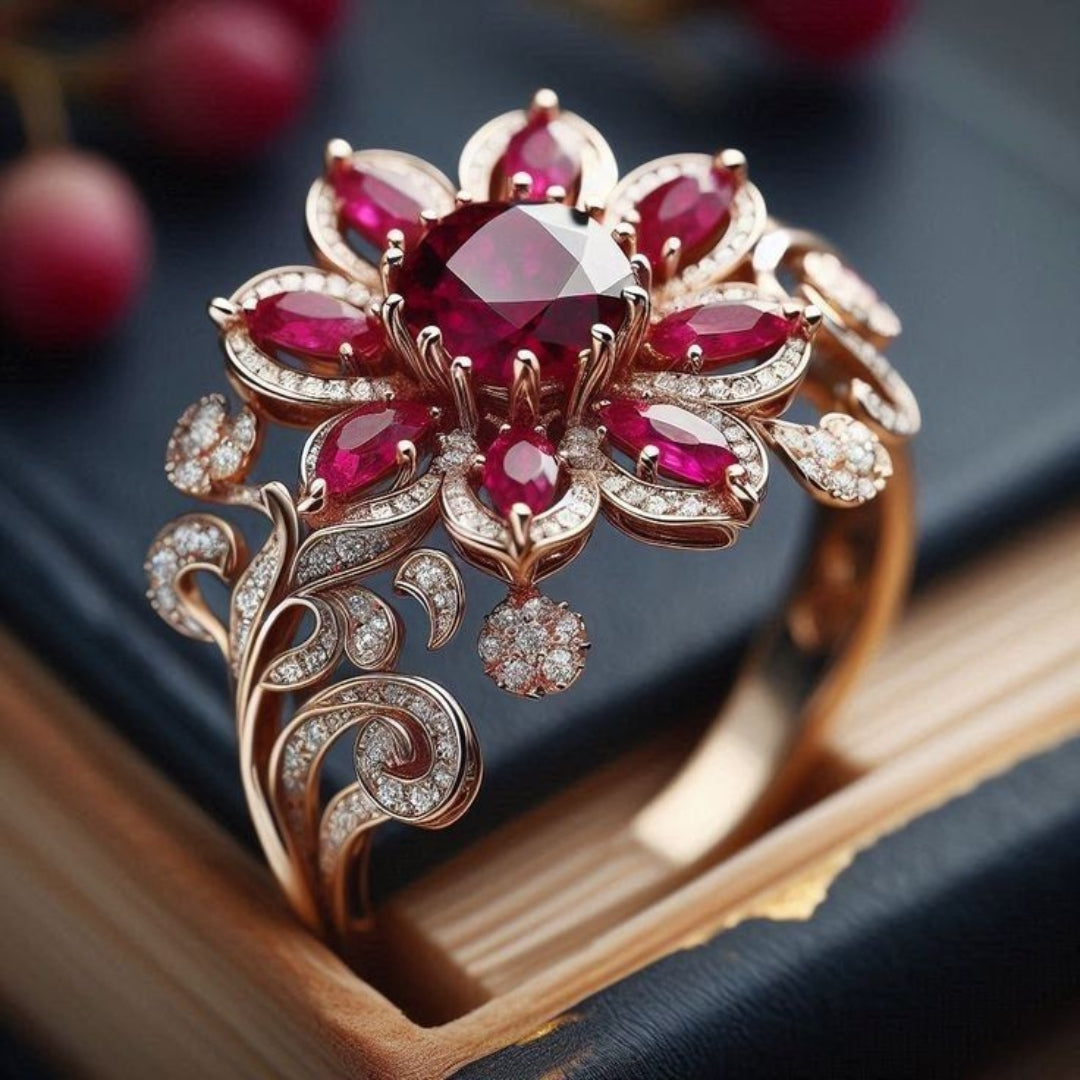 Bague Fleur Rouge Exotique en Or