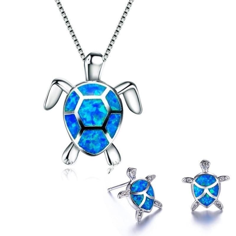 Ensemble collier + boucles d'oreilles tortue de mer en opale et argent