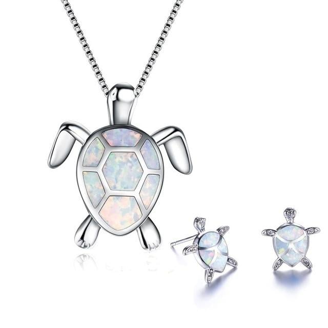 Ensemble collier + boucles d'oreilles tortue de mer en opale et argent