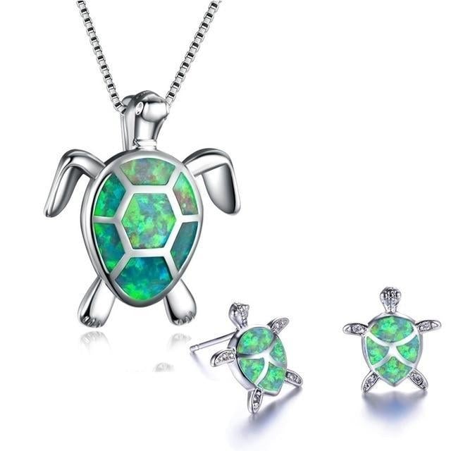 Ensemble collier + boucles d'oreilles tortue de mer en opale et argent