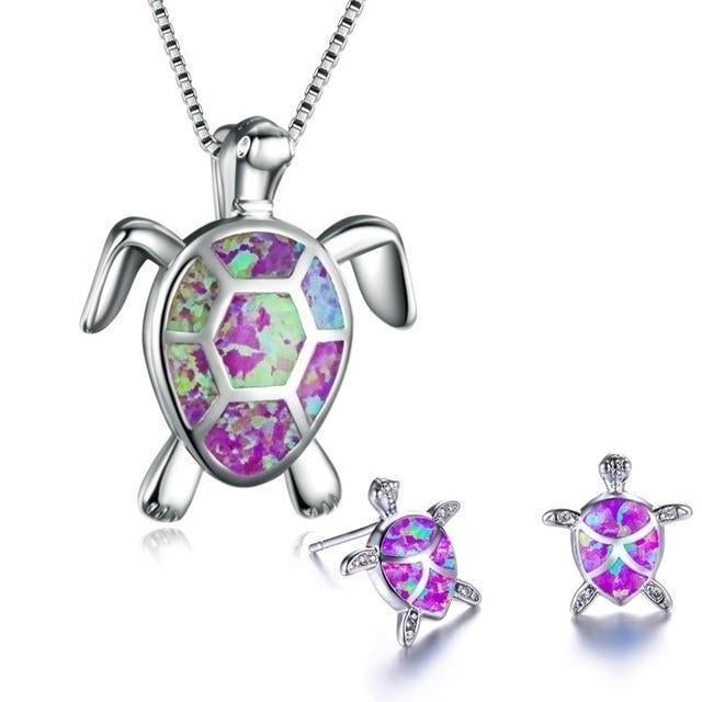 Ensemble collier + boucles d'oreilles tortue de mer en opale et argent
