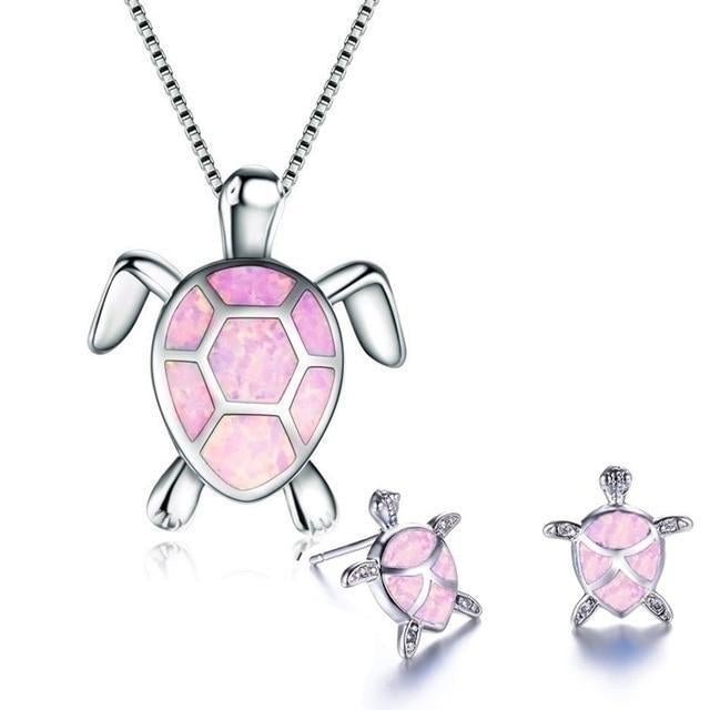 Ensemble collier + boucles d'oreilles tortue de mer en opale et argent