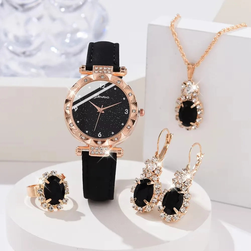Ensemble complet glamour : montre, collier, boucles d'oreilles, bague + bracelets