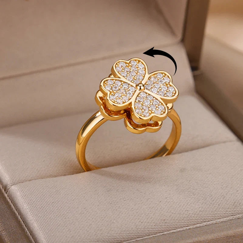 Bague trèfle porte-bonheur rotative avec zircons