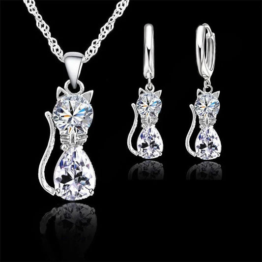 Collier et boucles d'oreilles chat avec zircon