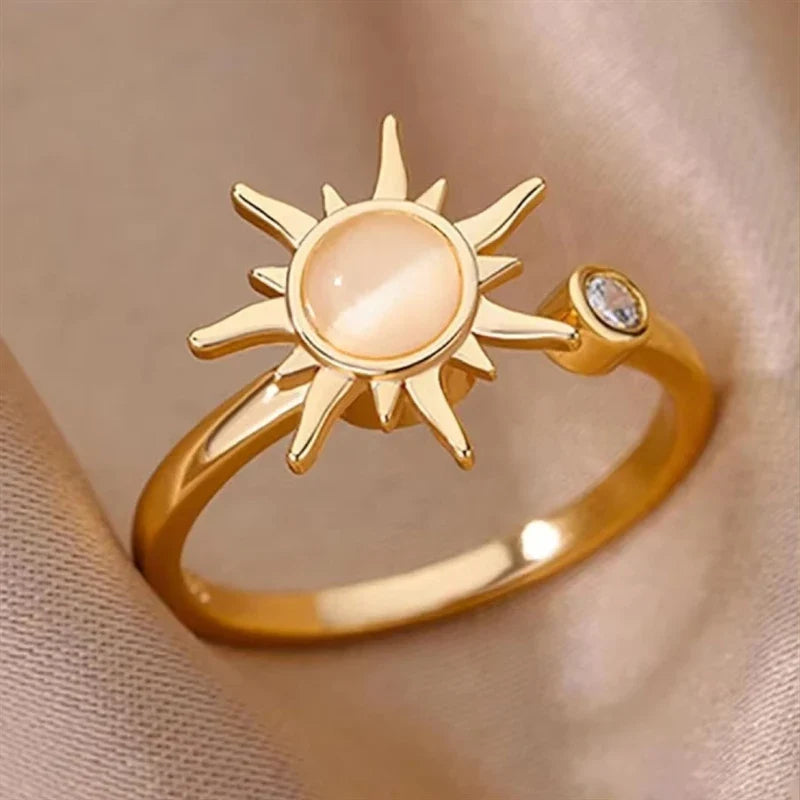 Bague soleil ajustable avec pierre œil-de-chat et zircon