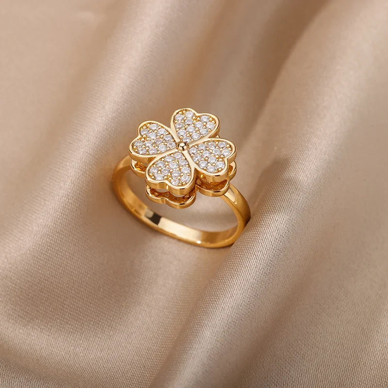 Bague trèfle porte-bonheur rotative avec zircons