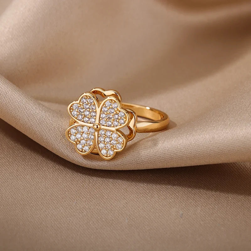 Bague trèfle porte-bonheur rotative avec zircons