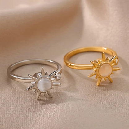 Bague soleil ajustable avec pierre œil-de-chat et zircon