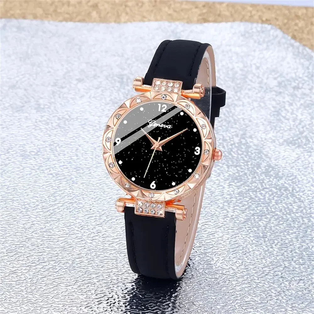 Ensemble complet glamour : montre, collier, boucles d'oreilles, bague + bracelets