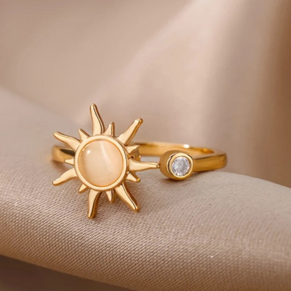 Bague soleil ajustable avec pierre œil-de-chat et zircon