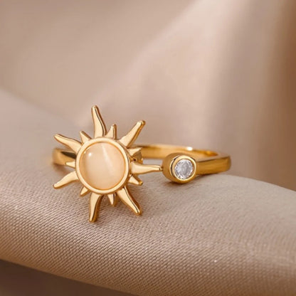 Bague soleil ajustable avec pierre œil-de-chat et zircon
