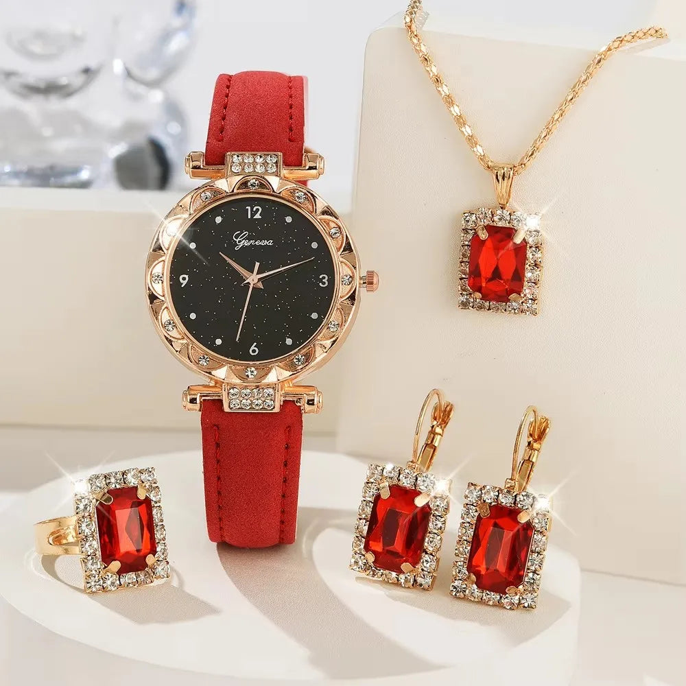 Ensemble complet glamour : montre, collier, boucles d'oreilles, bague + bracelets