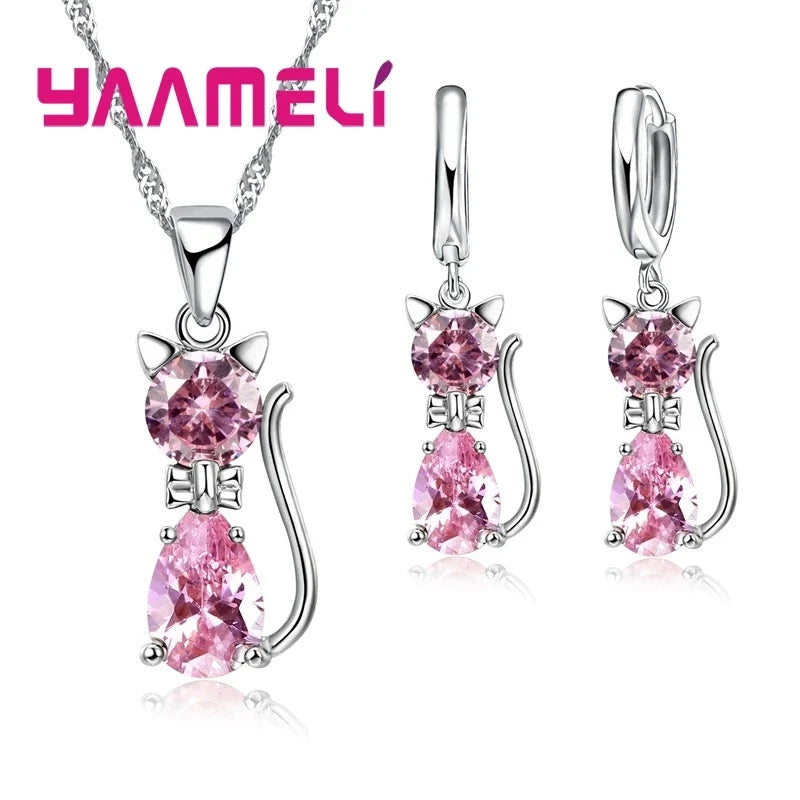 Collier et boucles d'oreilles chat avec zircon