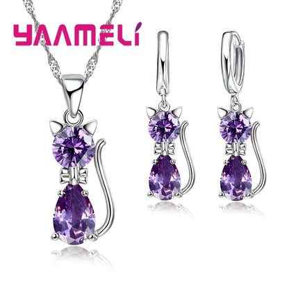 Collier et boucles d'oreilles chat avec zircon