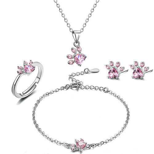 Coffret Bijou Or Rose Patte – 4 Pièces avec Cœur Zircone (Bague, Collier, Boucles d'oreilles, Bracelet)